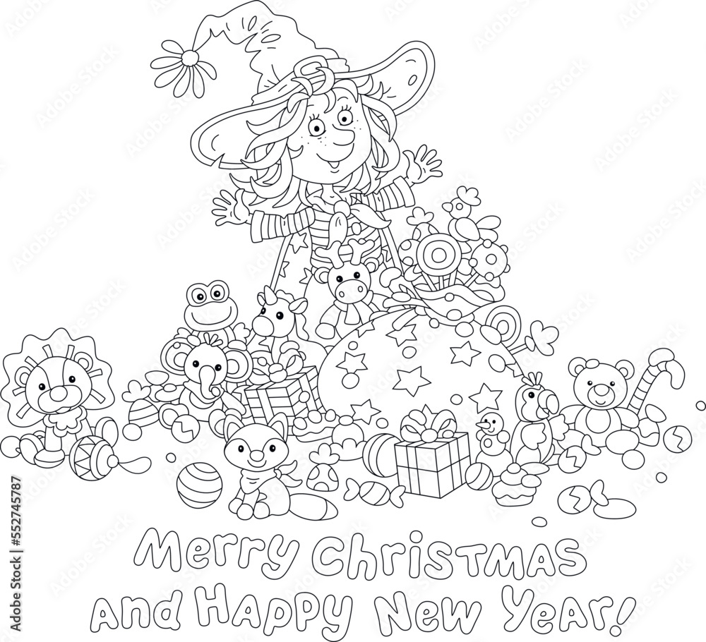 Happy New Year and merry Christmas card with a smiling little witch and a bag of holiday gifts, sweets and funny toys, black and white vector cartoon illustration