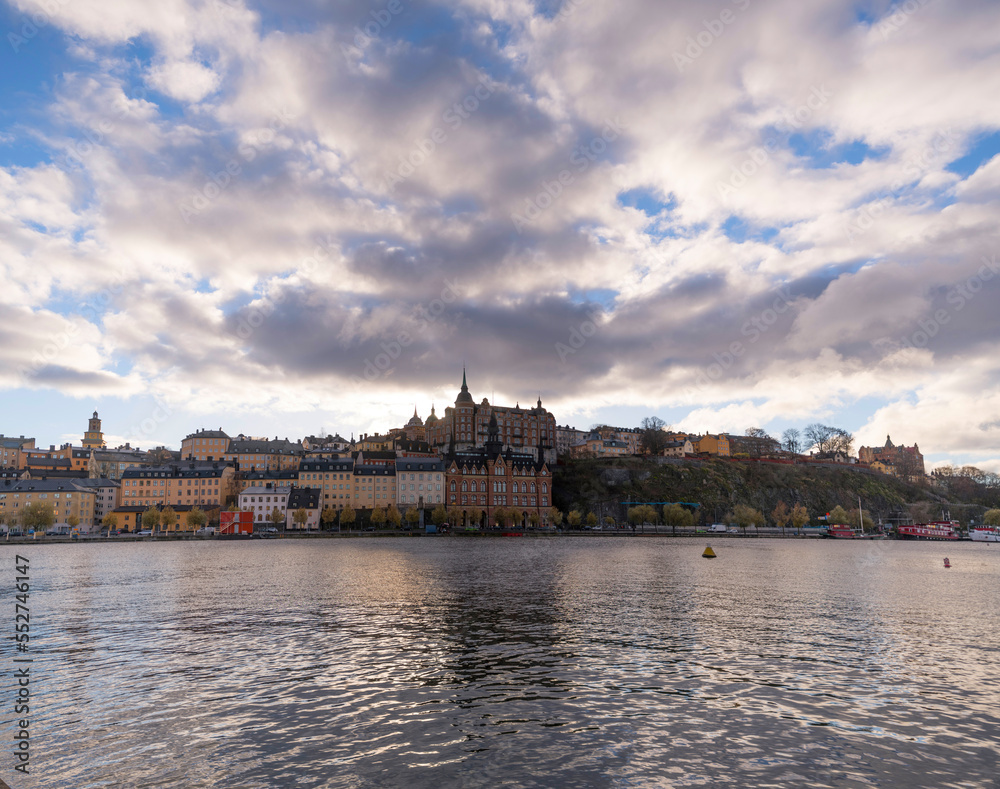 View over the district Södermalm a winter day with dark clouds and low sun in Stockholm