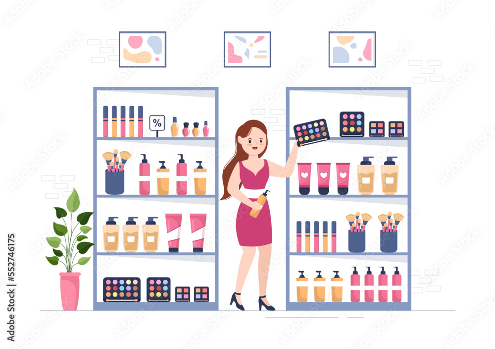 Cosmetics Store with Girl Skincare, Cosmetic, Perfume, Makeup and Beauty Products Choice in in Flat Cartoon Hand Drawn Templates Illustration Cosmetics Store with Girl Skincare, Cosmetic, Perfume, Makeup and Beauty Products Choice in in Flat Cartoon Hand Drawn Templates Illustration