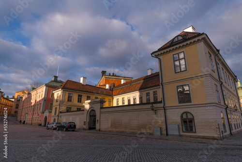 Old archive and court houses a winter day with dark clouds and low sun in Stockholm