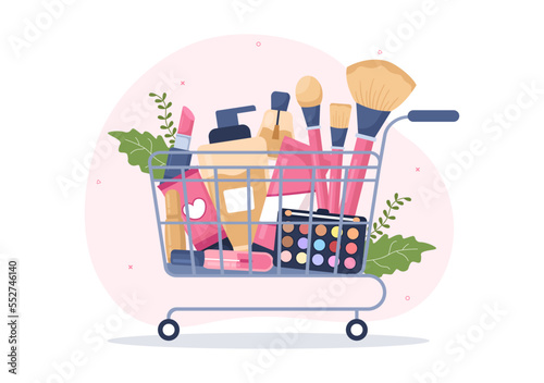 Cosmetics Store with Girl Skincare, Cosmetic, Perfume, Makeup and Beauty Products Choice in in Flat Cartoon Hand Drawn Templates Illustration