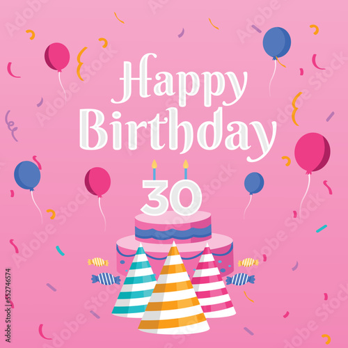 Birthday cake with candles. Bday of the baby 30th year. Anniversary of the child. Festive greeting card. birthday cake with cream on a pink background. Happy birthday
