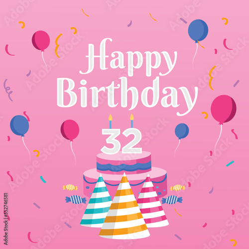 Birthday cake with candles. Bday of the baby 32nd year. Anniversary of the child. Festive greeting card. birthday cake with cream on a pink background. Happy birthday