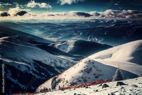 Yaremche and the Ukrainian Carpathians in the distance, with snow-covered mountain valleys in between, as seen from the peak of Makovitsa. Generative AI photo