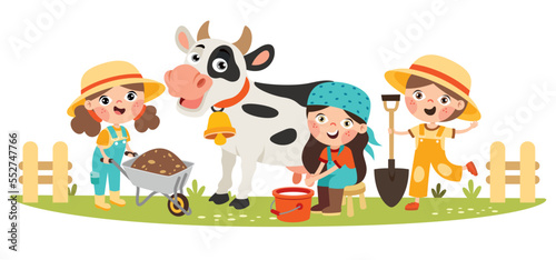 Farm Scene With Cartoon Kids