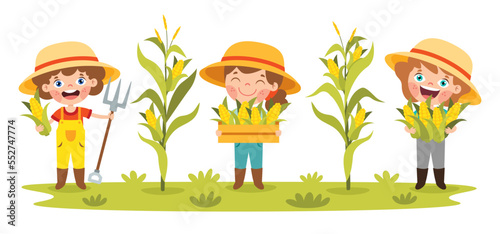 Farm Scene With Cartoon Kids