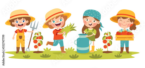 Farm Scene With Cartoon Kids