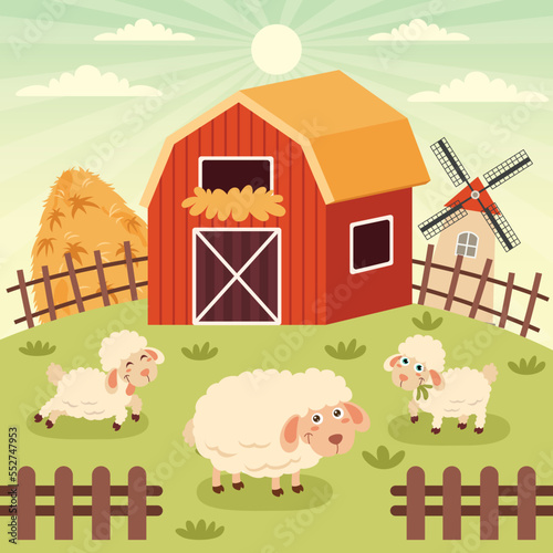 Farm Scene With Cartoon Animals