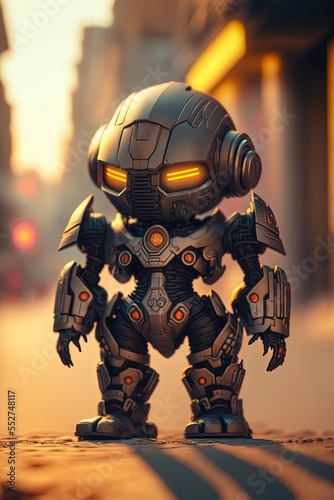 a cute toy chibi mecha in myrmidon armor, stainless skin, dramatic cyberpunk lighting, futuristic buildings in the background, tilt shift, soft diffused cinematic lighting
