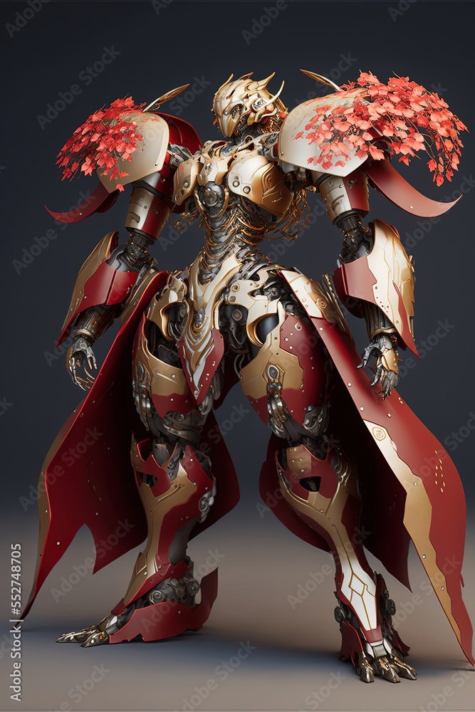 red and ivory scifi mech suit, metal floral armor, mech design complex, mech diffuse light, holographic text, combat pose, dynamic pose, dramatic pose, black silk with weaved golden filigree cape red and ivory scifi mech suit, metal floral armor, mech design complex, mech diffuse light, holographic text, combat pose, dynamic pose, dramatic pose, black silk with weaved golden filigree cape