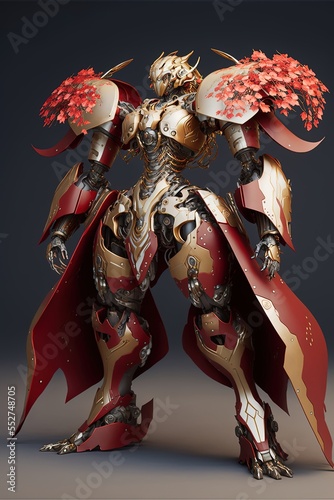 red and ivory scifi mech suit, metal floral armor, mech design complex, mech diffuse light, holographic text, combat pose, dynamic pose, dramatic pose, black silk with weaved golden filigree cape