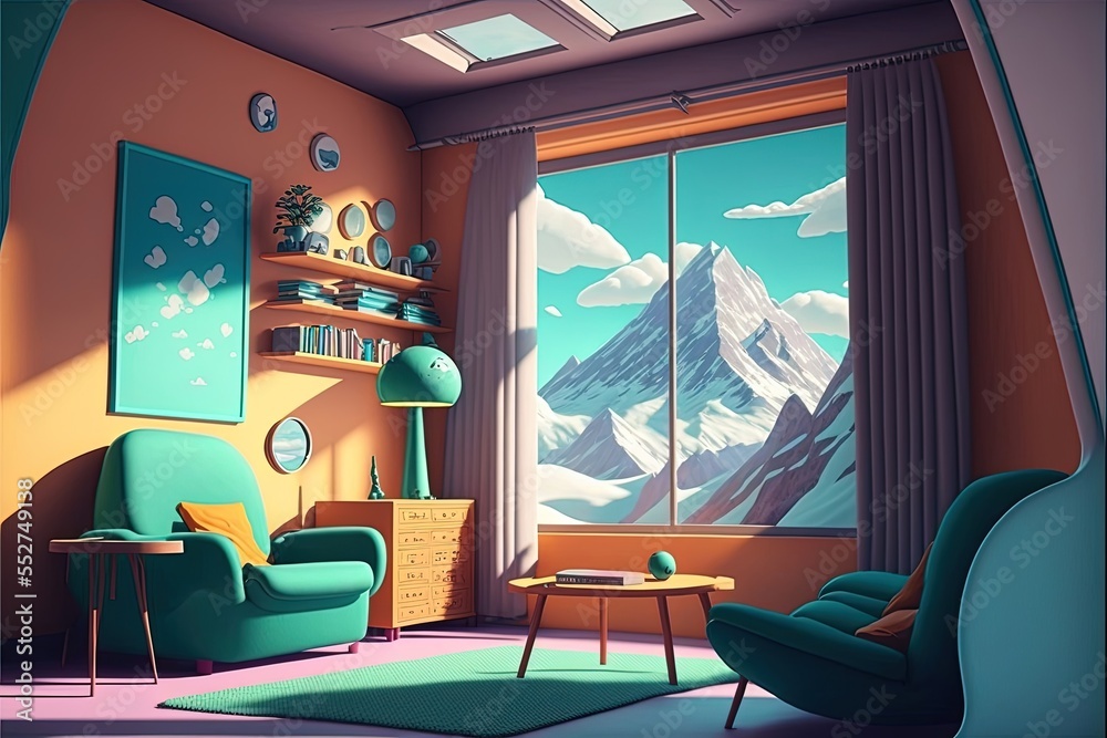 Zenithal view of room, cute, anime-style, retro, therapy room with ...