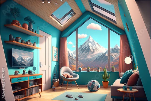 Zenithal view of room, cute, anime-style, retro, therapy room with mountain theme with nostalgic feel, cozy comfy minimal, mountain colors, window shows snowy mountain top, futuristic, retropunk photo