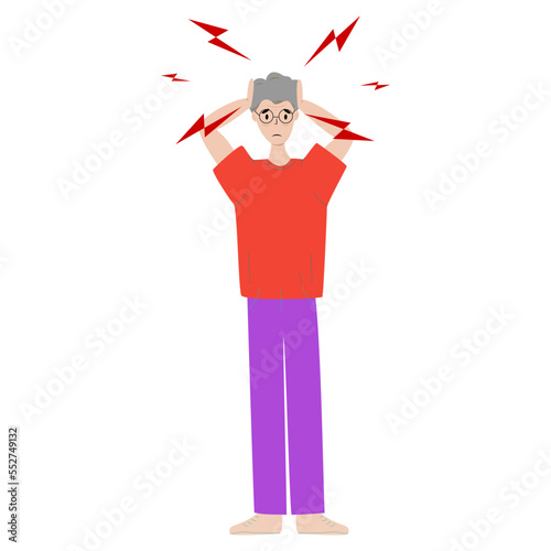 Senior man having headache and migraines. Symptoms of a viral disease. Respiratory Illness, Virus Prevention. Isolated. Vector illustration.