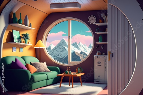 Zenithal view of room, cute, anime-style, retro, therapy room with mountain theme with nostalgic feel, cozy comfy minimal, mountain colors, window shows snowy mountain top, futuristic, retropunk photo