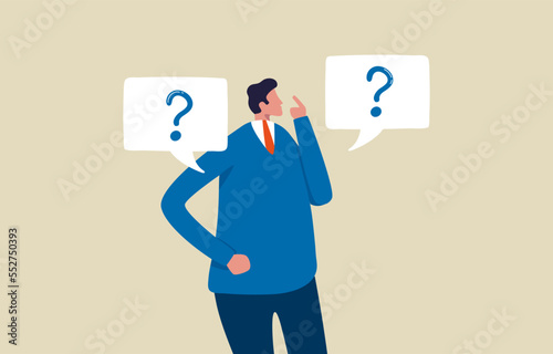 Doubting in decision, right choice making. Confused man deciding, choosing between  concept. .Businessman and question mark. Illustration