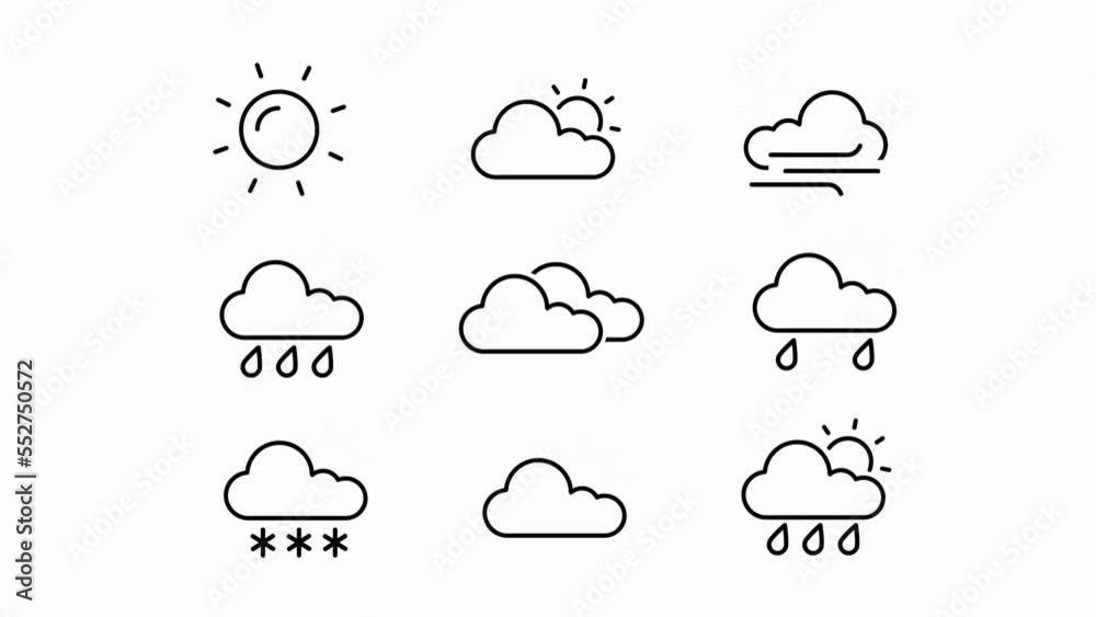 Weather pictograms animation. Forecast footage. Weather symbols collection. Isolated on white background. Sun with clouds. Rain and snow sign. Lighting storm sign. sun with wind sign.