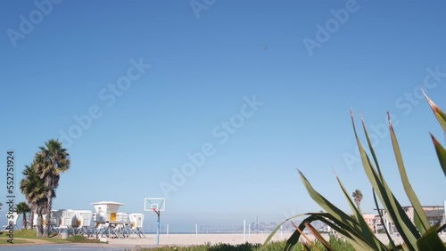 Lifeguard stand and palm tree, life guard tower for surfing on California beach. Summer pacific ocean in USA aesthetic. Iconic rescue baywatch station, coast lifesavers wachtower hut or house by sea.