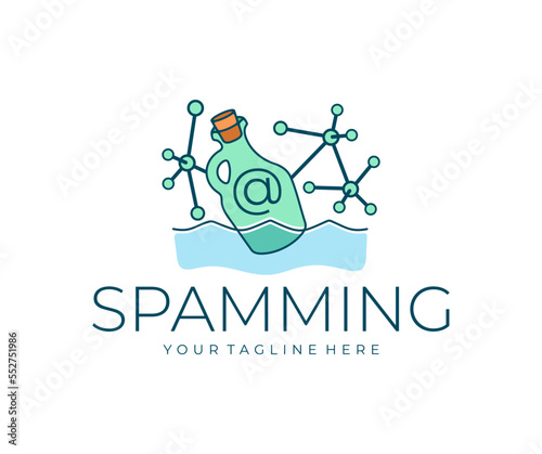 Glass bottle floats in the sea, internet connection, mail and spam, logo design. Communication, interaction, scam, blockchain and technology, vector design and illustration
