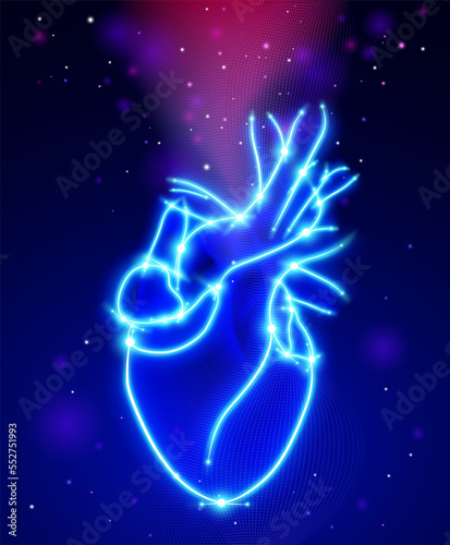 Heart shaped glowing stripes illustration on night sky background. Medical and commercial use.