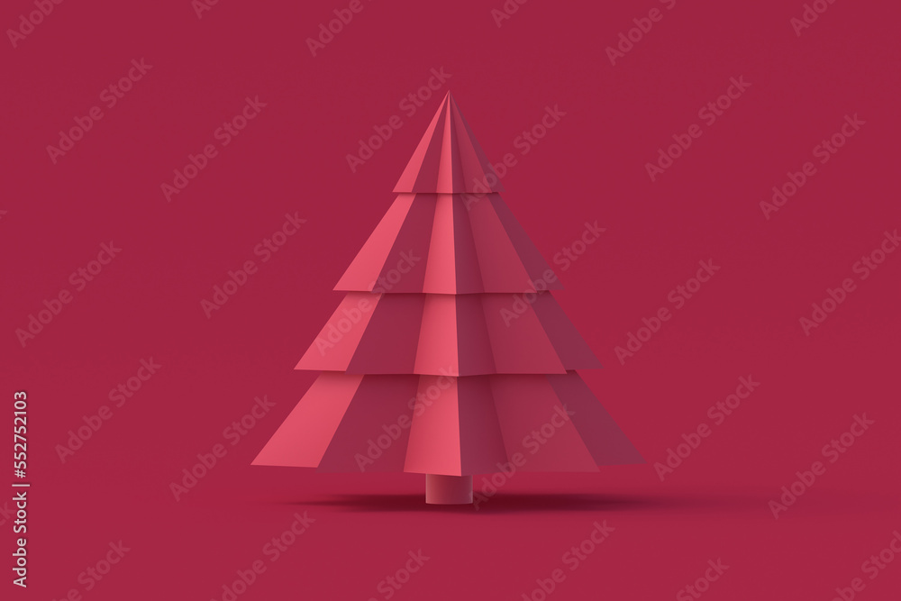 Christmas tree of magenta on red background. Color of the year 2023. 3d render