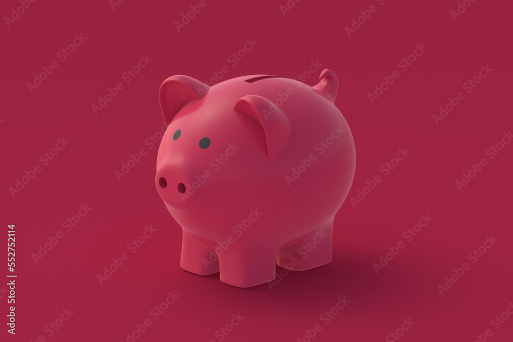 Piggy bank of magenta on red background. Color of the year 2023. 3d render