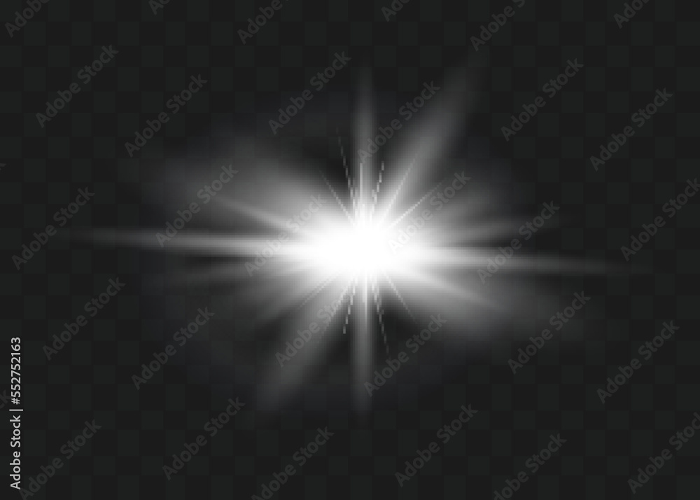 Fototapeta premium White glowing light explodes on a transparent background. Vector illustration of light decoration effect with ray.