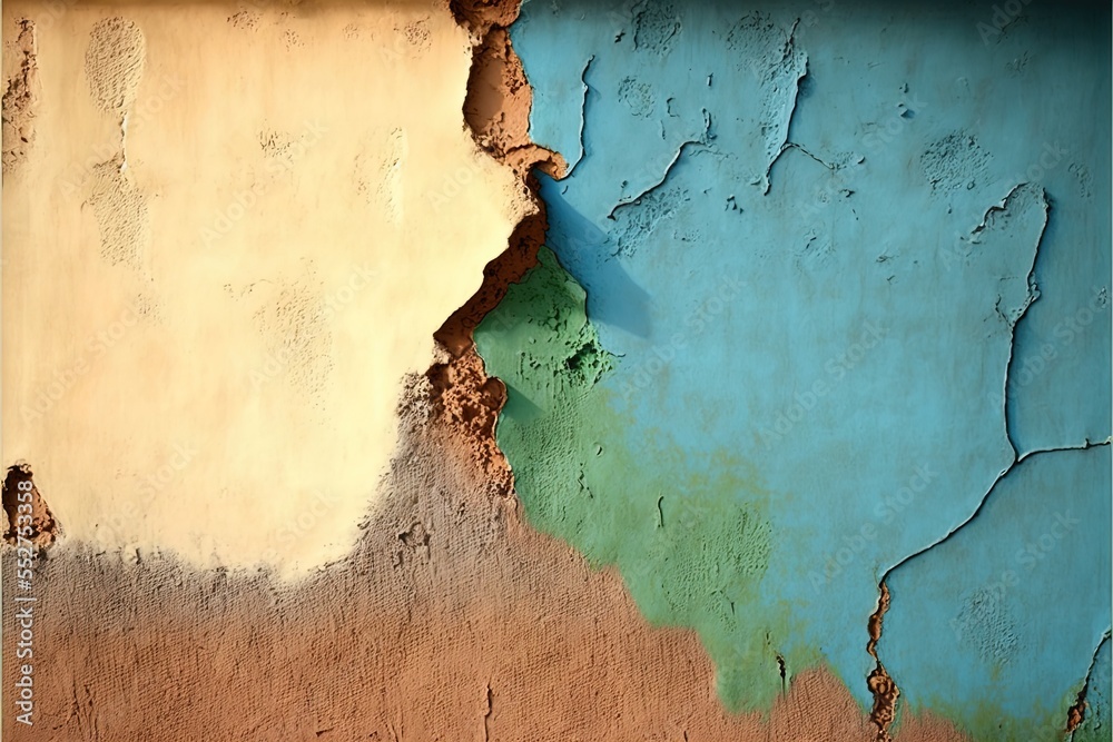 a peeling paint wall with a blue and green paint chipping off of it's