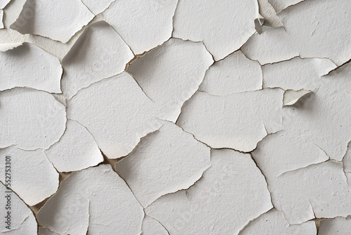 White painted wall with cracks and pieces of peeling paint. Flaky paint photo