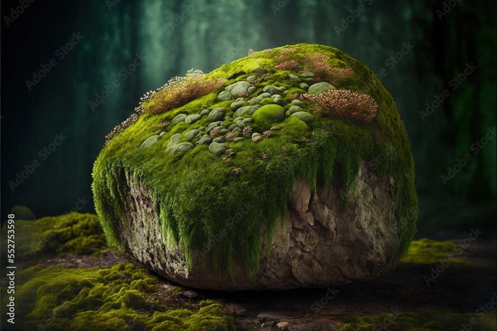 a moss covered rock in a forest with a green mossy surface and