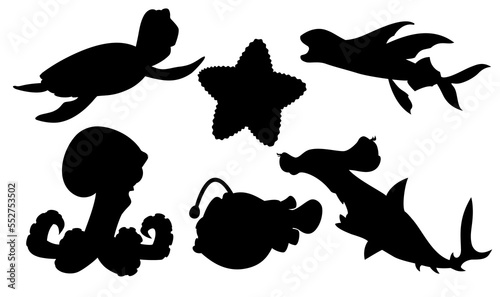 Set of cartoon animals of the underwater world in silhouette style for print and design. Vector illustration.