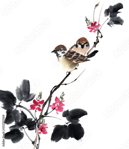 水墨画技法で描いた雀と葛の花