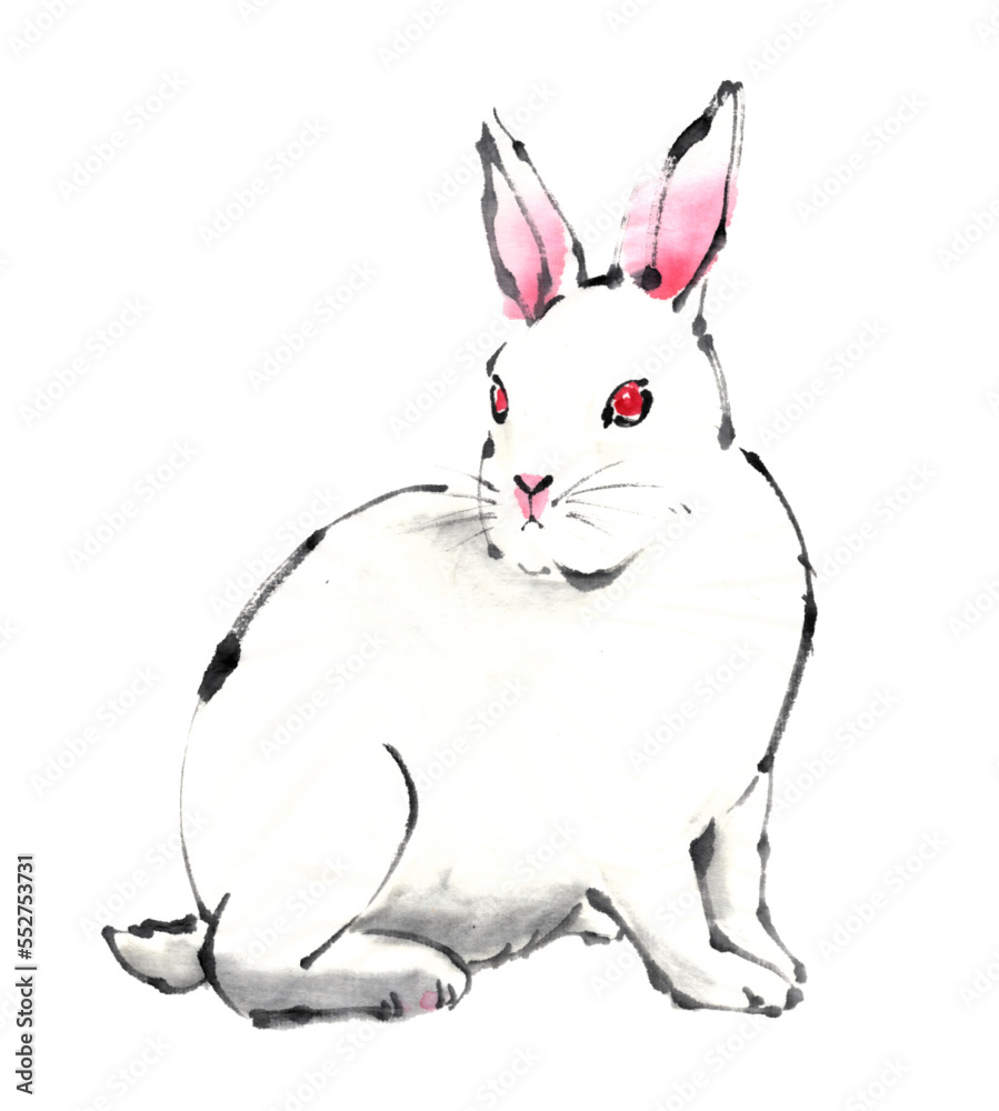 Obraz premium 水墨画技法で描いた白うさぎ