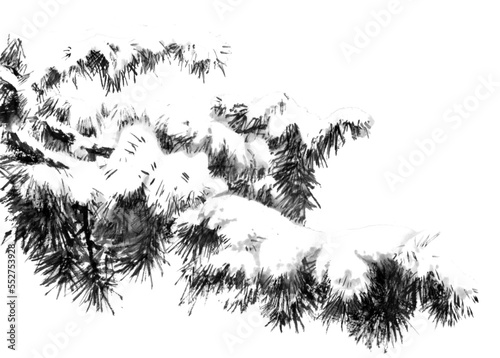 水墨画技法で描いた雪の積もった松の枝