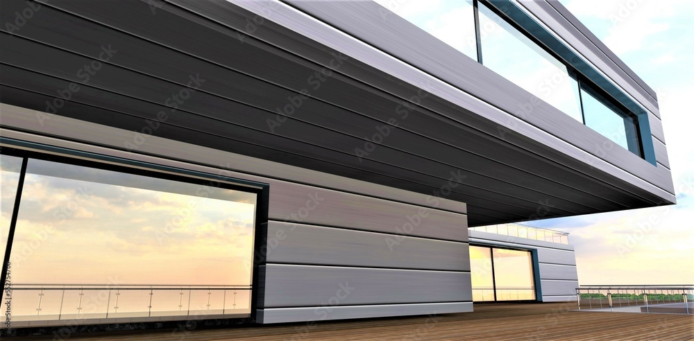 Amazing terrace of the stylish elite villa. Large panoramic windows reflecting sky. ALuminium wall finishing. 3d rendering. Amazing terrace of the stylish elite villa. Large panoramic windows reflecting sky. ALuminium wall finishing. 3d rendering.