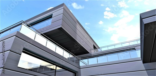 Architectural abstraction in aluminium glass style. View from below aginst the blue cloudy sky. 3d rendering.