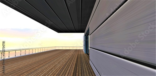 Awesome foggy morning. Looking from wooden terrace of the stunning estate with metal walls. 3d rendering.