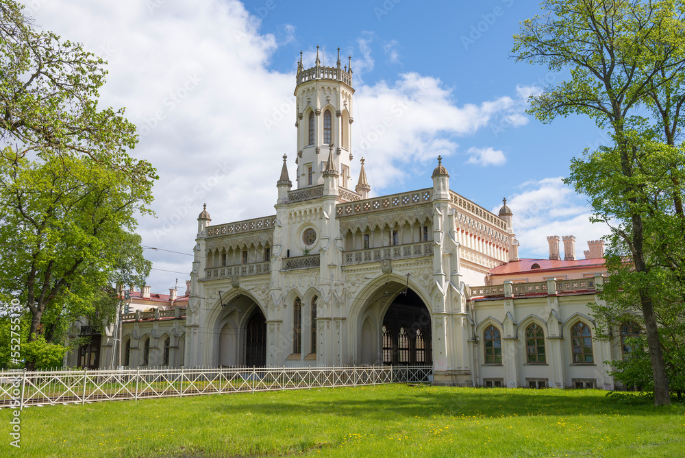 The ancient building of the Noviy Peterhof railway station on a sunny May day. Petrodvorets, Russia