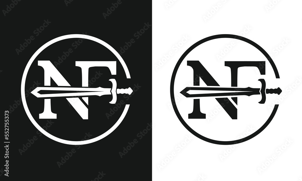 NF letter logo design with sword icon. NF letter logo design with sword icon.