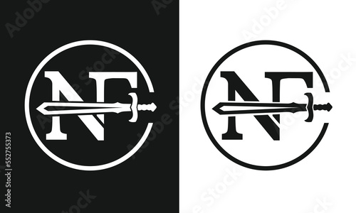 NF letter logo design with sword icon.