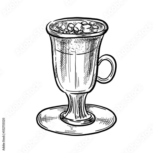 Hot chocolate in a mug with whipped cream. Hugge drink. Decorative hand drawn sketch vector illustration.