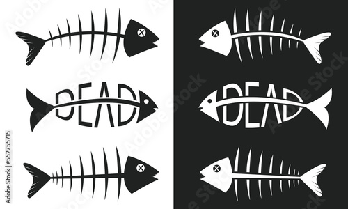 set of fish icons. Dead fish cartoon, fish bone and skeleton on black and white background vector