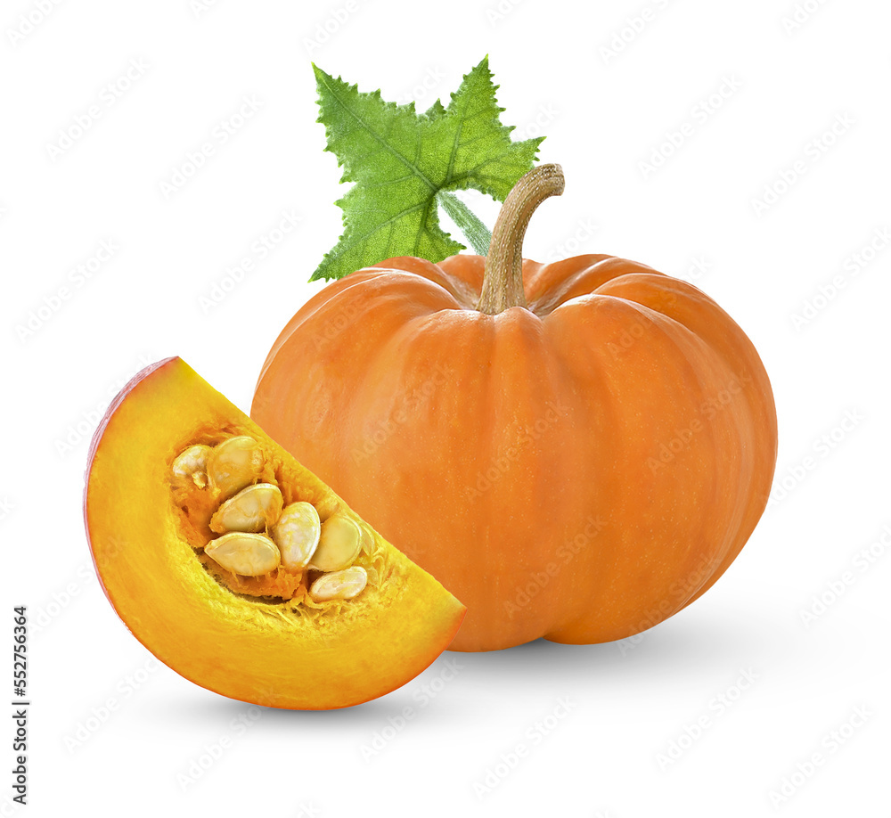 Fresh Pumpkin with lesves  .pumpkin is food fhigh beta carotene on transparent. - obrazy, fototapety, plakaty 