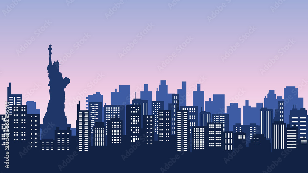 City silhouette of tall buildings with new york statue in the background