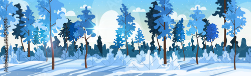 Panoramic vector illustration of winter landscape with snow park for poster, banner, card, brochure or cover. Flat vector illustration.