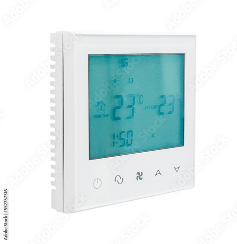 Digital climate thermostat control. White thermostat isolated on white background. Thermostat climate control.