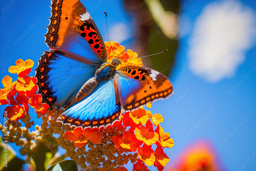 Φωτογραφία Beautiful spring summer image of  butterfly on orange lantana flower against blue sky on bright sunny day in nature