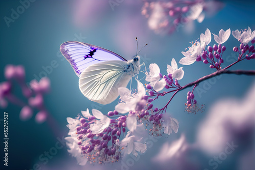 Beautiful white butterfly in flight and flowers with soft focus. Branch blossoming cherry in spring on blue and lilac background  macro. Amazing elegant artistic image beauty spring nature