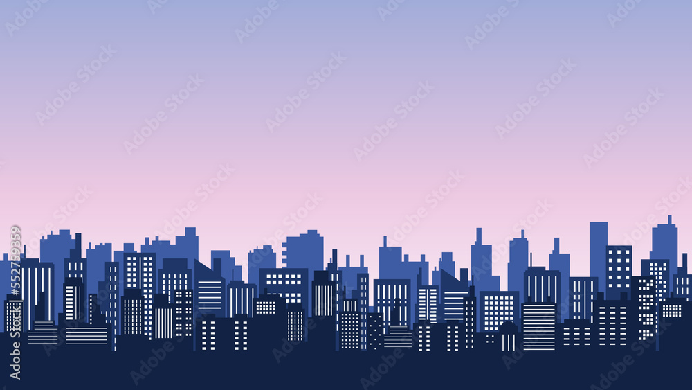 Silhouette of city buildings in the evening with beautiful gradient clouds