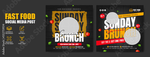 Fast food social media banner post template with restaurant logo and business icon. Pizza, burger or hamburger online sale promotion flyer. Healthy food menu marketing web poster abstract background  